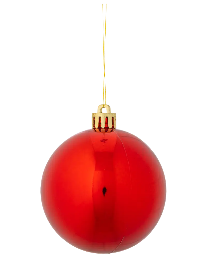Blank röd julgranskula med gyllene upphängning och snöre. Rund form, slät yta, klassisk dekoration för julgran eller krans.