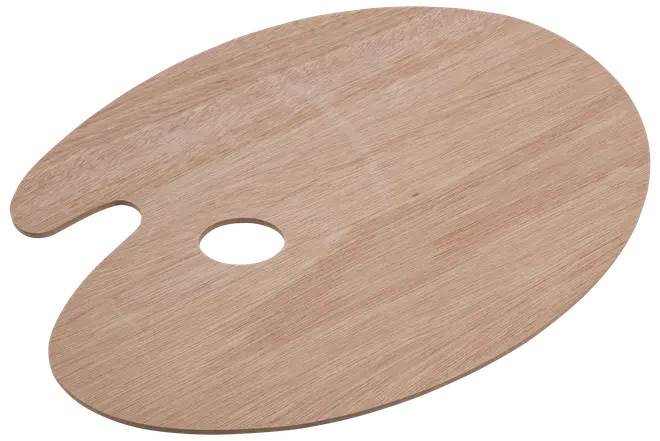 Oval konstnärspalett i trä med tumhål, slät yta och naturlig träfinish. Lätt och enkel att hålla, perfekt för färgblandning.