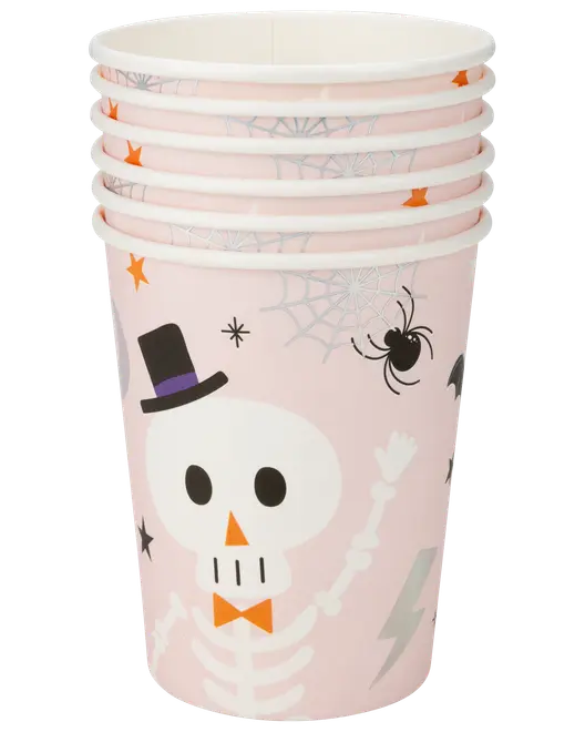 Set med rosa pappersmuggar med söt skelett, hög hatt, orange fluga, spindelnät, stjärnor och spindel. Perfekt för halloweenfester eller temafester.