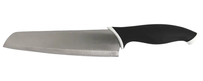 Stor køkkenkniv med bred rektangulær klinge i rustfrit stål, sort ergonomisk håndtag og hvid overgang.
