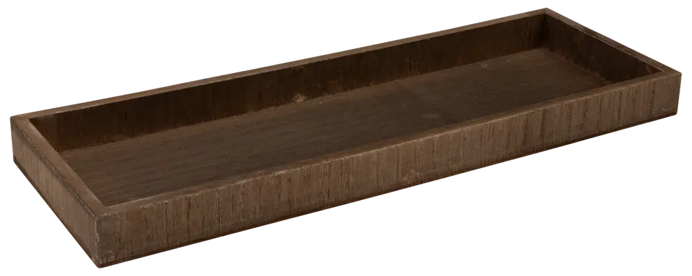 Rektangulär träbricka med upphöjda kanter, mörkbrun finish och slät yta. Passar för servering eller organisering. Enkel, rustik design för hem eller kontor.
