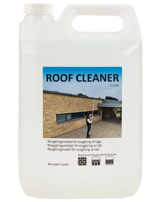 5-liters plastdunk med takrengöringsmedel, lämplig för rengöring av tak, tegel och plattor. Utrustad med handtag och tydlig märkning med användningsikoner.