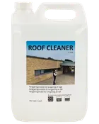 5-liters plastdunk med takrengöringsmedel, lämplig för rengöring av tak, tegel och plattor. Utrustad med handtag och tydlig märkning med användningsikoner.