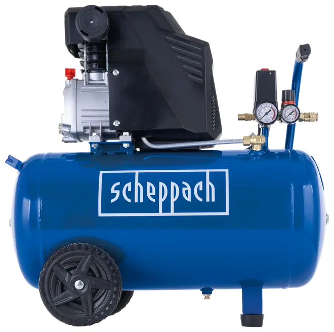 Blå Scheppach luftkompressor med stor tank, to trykmålere, sort motordæksel og solide hjul for nem transport. Velegnet til forskellige trykluftværktøjer og oppustningsopgaver.