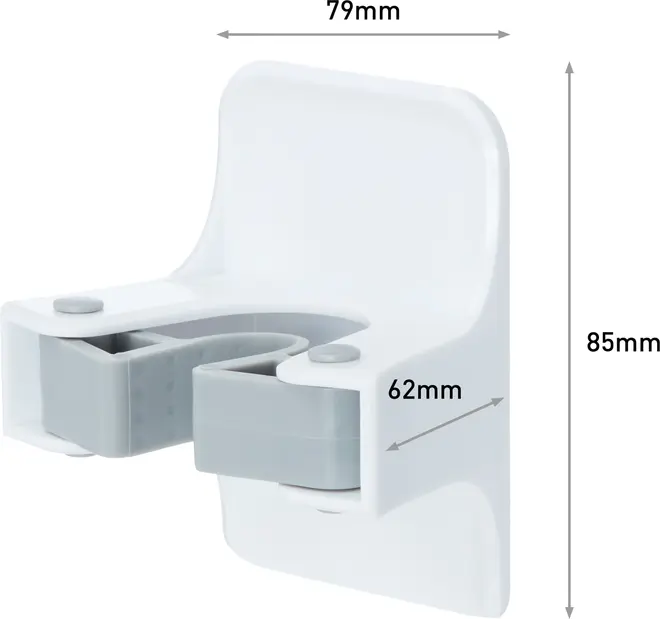 Hvid plast vægholder med gråt gummigreb, måler 79mm bred, 85mm høj og 62mm dyb. Designet til sikkert at holde skafter eller værktøj.