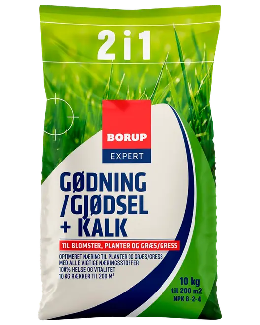 Borup Expert 2-i-1 gødning og kalk til blomster, planter og græs. Indeholder 10 kg, rækker til 200 m². NPK 8-2-4. Grøn og hvid pose.