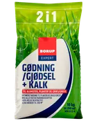 Borup Expert 2-i-1 gødning og kalk til blomster, planter og græs. Indeholder 10 kg, rækker til 200 m². NPK 8-2-4. Grøn og hvid pose.