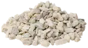Bunke af små, uregelmæssigt formede hvide og lysegrå sten, velegnet til haveanlæg, dekoration eller dræning. Stenene varierer i størrelse og tekstur.