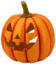 Orange udskåret græskar med langt stilk og smilende Halloween-ansigt.