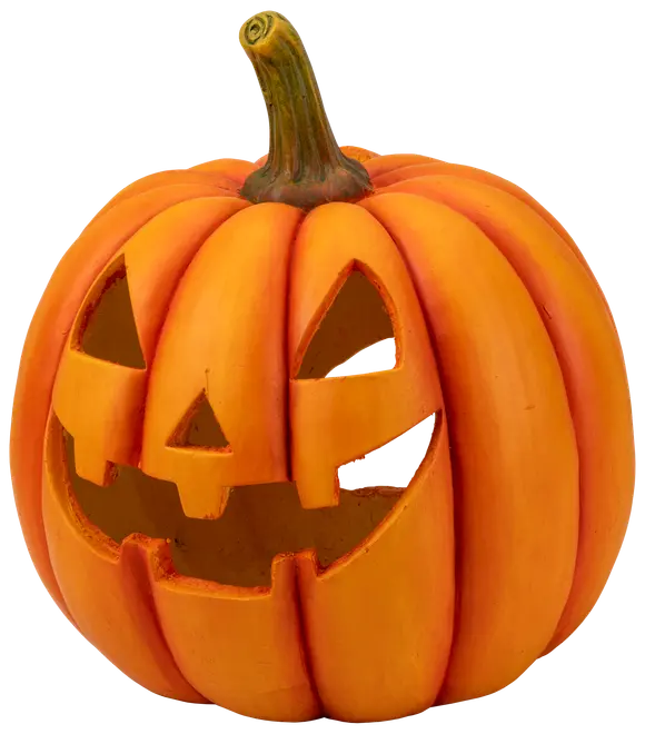 Orange udskåret græskar med langt stilk og smilende Halloween-ansigt.