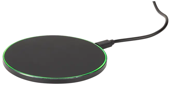 Svart trådlös laddningsplatta med slimmad, rund design och grön LED-ring. Inkluderar ansluten USB-kabel. Passar för laddning av kompatibla smartphones och enheter.