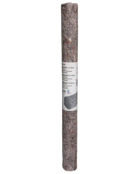 Rullet grå, plettet filtmåtte, 1 x 10 m, pakket som en høj cylindrisk rulle.