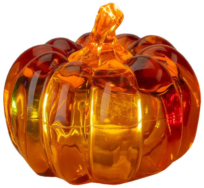 Genomskinlig orange glasburk formad som en pumpa med avtagbart lock. Blank yta och realistiska åsar, perfekt för höst- eller Halloween-dekoration.