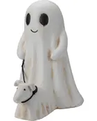 Keramisk Halloween-figur af et smilende spøgelse med en lille spøgelseshund i snor. Begge er hvide med sorte øjne og har et sødt, finurligt udtryk.