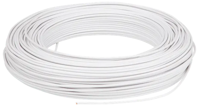 Hvid elektrisk ledning i rulle, isoleret og fleksibel. Velegnet til indendørs installationer, til tilslutning af stikkontakter, kontakter og lamper. Leveres i stor rulle.