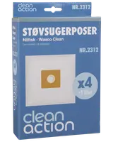 Förpackning med Clean Action dammsugarpåsar för Nilfisk och Wasco Clean, modell NR.2312, innehåller 4 påsar och 1 filter, passar utvalda dammsugarmodeller.