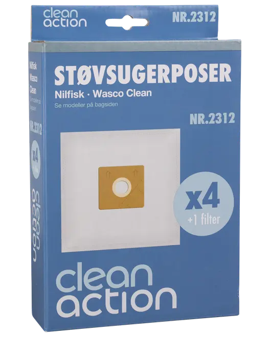 Förpackning med Clean Action dammsugarpåsar för Nilfisk och Wasco Clean, modell NR.2312, innehåller 4 påsar och 1 filter, passar utvalda dammsugarmodeller.