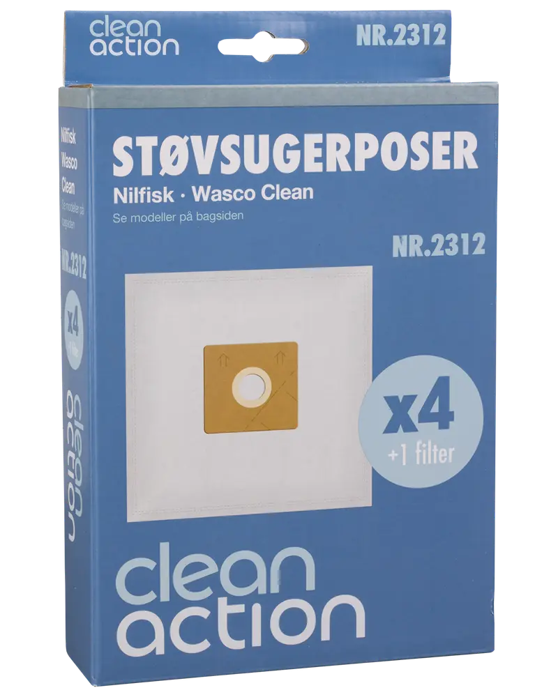 Förpackning med Clean Action dammsugarpåsar för Nilfisk och Wasco Clean, modell NR.2312, innehåller 4 påsar och 1 filter, passar utvalda dammsugarmodeller.