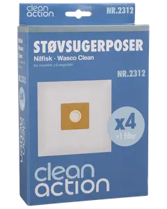 Förpackning med Clean Action dammsugarpåsar för Nilfisk och Wasco Clean, modell NR.2312, innehåller 4 påsar och 1 filter, passar utvalda dammsugarmodeller.