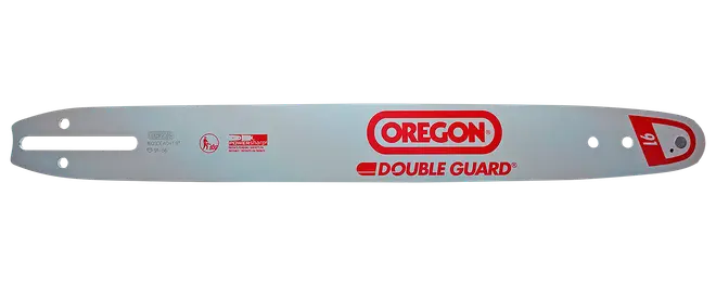 Silverfärdigt Oregon Double Guard sågsvärd med röd logotyp, monteringsspår, rundad spets och 19-tums märkning.