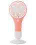 Kompakt handhållen fläkt i rosa och vitt med rund skyddsgaller, enkel knapp och avtagbar bas. Lätt och portabel för personlig svalka.
