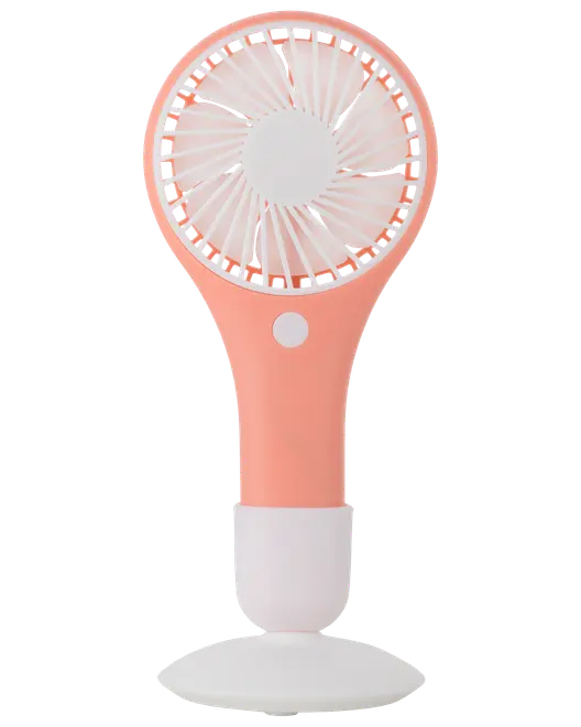 Kompakt handhållen fläkt i rosa och vitt med rund skyddsgaller, enkel knapp och avtagbar bas. Lätt och portabel för personlig svalka.