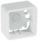 Hvid plast overflademonteret dåse til elektriske kontakter eller stikkontakter, firkantet form, med monteringshuller og kabelindgange, egnet til vægmontering.