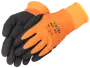 Par orange arbetsvantar med svart texturerad handflata och fingrar, elastiska muddar och tryckta säkerhetsmärkningar. Ger bra grepp och skydd. Storlek 9/L.