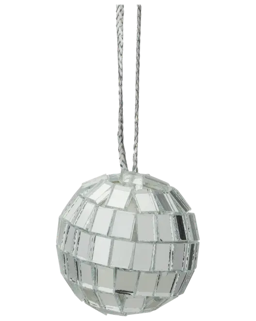 Sølv diskokugle ornament med spejlede firkantede fliser, kugleform og ophængssnor. Reflekterende overflade giver et glitrende udtryk, perfekt til festlig dekoration eller party-stemning.