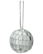 Sølv diskokugle ornament med spejlede firkantede fliser, kugleform og ophængssnor. Reflekterende overflade giver et glitrende udtryk, perfekt til festlig dekoration eller party-stemning.
