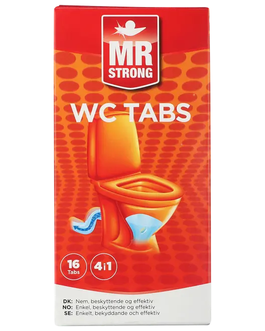 Æske med Mr Strong WC Tabs, 16 tabletter, 4-i-1 toiletrensetabletter til effektiv og beskyttende rengøring, velegnet til daglig toiletvedligeholdelse.