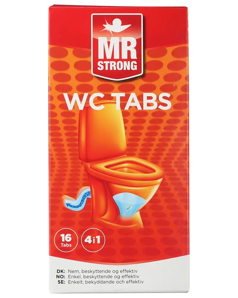 Æske med Mr Strong WC Tabs, 16 tabletter, 4-i-1 toiletrensetabletter til effektiv og beskyttende rengøring, velegnet til daglig toiletvedligeholdelse.