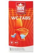 Æske med Mr Strong WC Tabs, 16 tabletter, 4-i-1 toiletrensetabletter til effektiv og beskyttende rengøring, velegnet til daglig toiletvedligeholdelse.