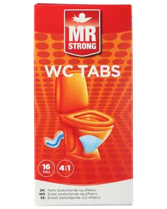 Æske med Mr Strong WC Tabs, 16 tabletter, 4-i-1 toiletrensetabletter til effektiv og beskyttende rengøring, velegnet til daglig toiletvedligeholdelse.