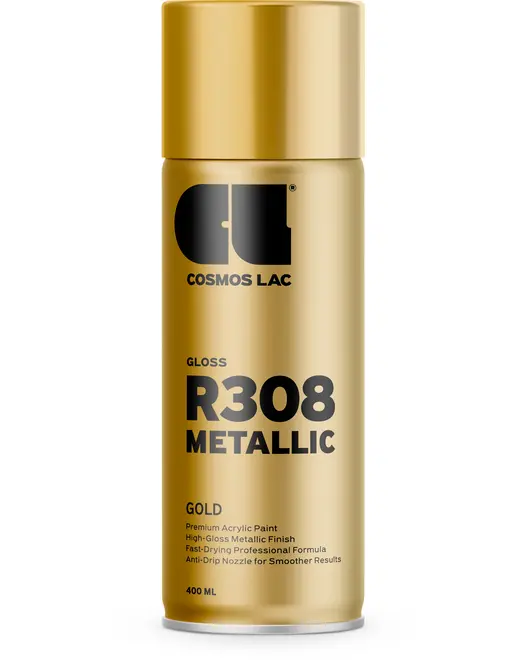 Guld metallic spraymaling, 400 ml, mærket Cosmos Lac R308. Højglans finish, hurtigtørrende akrylformel og anti-dryp dyse for jævne, professionelle resultater.