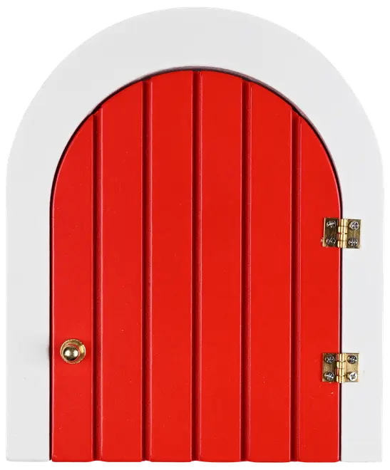 Miniature buet rød dør med lodrette paneler, hvid ramme, messinghængsler og lille rund messingknop. Perfekt til fehaver eller dukkehuse. Robust træ, levende farve.