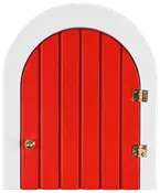 Miniature buet rød dør med lodrette paneler, hvid ramme, messinghængsler og lille rund messingknop. Perfekt til fehaver eller dukkehuse. Robust træ, levende farve.