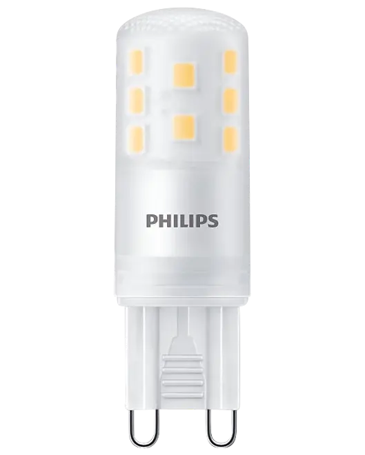 Philips LED-lampa med G9-sockel, cylindrisk form, frostat vitt hölje, synliga gula LED-chip, kompakt storlek, energieffektiv, passar små armaturer och dekorativ belysning.
