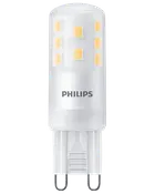 Philips LED-lampa med G9-sockel, cylindrisk form, frostat vitt hölje, synliga gula LED-chip, kompakt storlek, energieffektiv, passar små armaturer och dekorativ belysning.