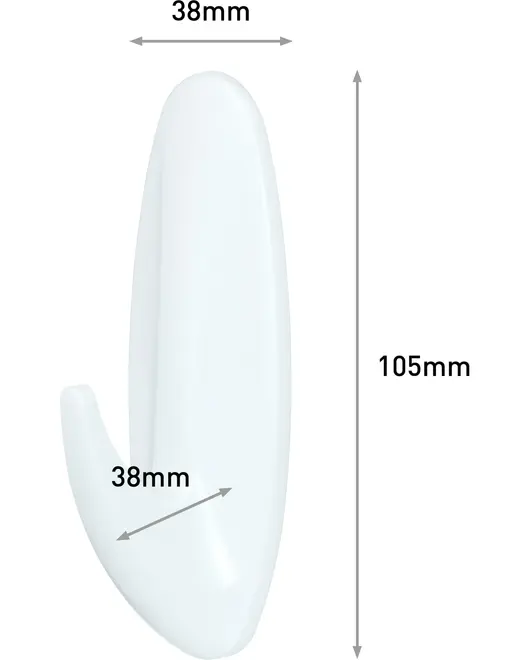 Hvid plastvægkrog, 105 mm høj og 38 mm bred, med en buet krog, der stikker 38 mm ud fra basen. Glat, moderne design til ophængning af jakker eller tasker.