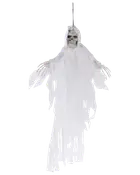 Hängande Halloween-spökdekoration med trasigt vitt tyg, skelett-händer och upphängningsögla. Perfekt för skrämmande dekoration inomhus eller utomhus. Lätt och enkel att montera.