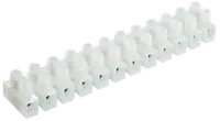 Hvid plastik klemrække med 12 skrueklemmer til elektriske ledningsforbindelser. Hver klemme har cylindrisk åbning og firkantet base, velegnet til forskellige elinstallationer.