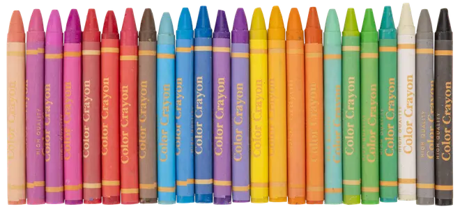 Sæt med 24 farvekridt i forskellige klare farver, hver med guldtekst "Color Crayon", cylindrisk form, spidse ender og papirindpakning for nemt greb og mindre snavs.