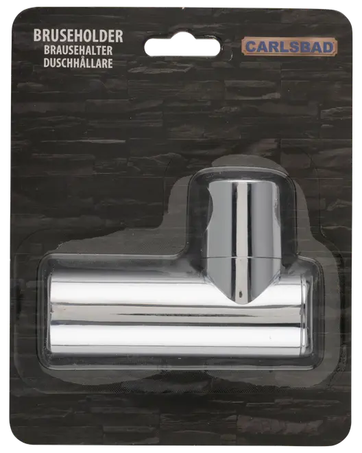 Forkromet bruseholder til vægmontering, cylindrisk design, passer til standard brusestænger, justerbar vinkel, holdbar metalkonstruktion, leveres i detailpakning med Carlsbad-logo.