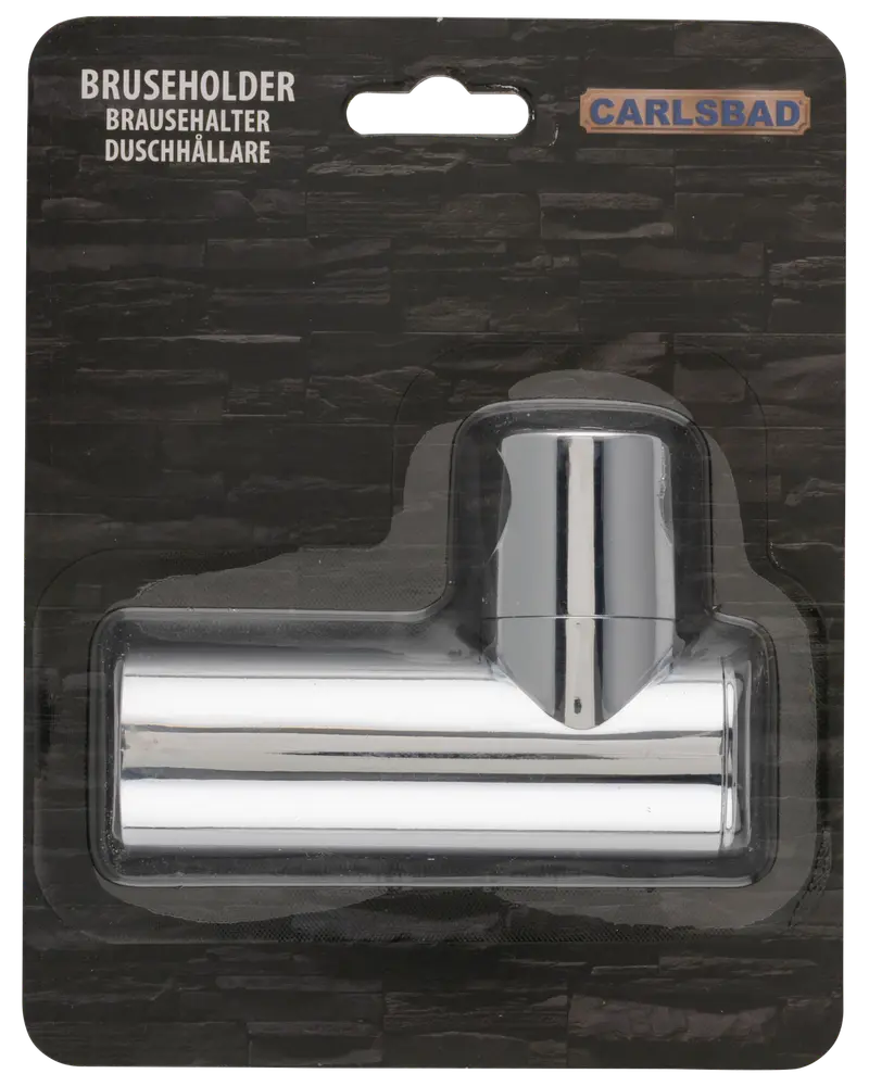 Kromad duschhållare för väggmontering, cylindrisk design, passar standard duschstänger, justerbar vinkel, hållbar metallkonstruktion, levereras i detaljförpackning med Carlsbad-logotyp.