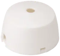 Vit takrosett i plast med centralt hål och sidouttag för kablar. Slät, rundad form, passar för elinstallationer och ger ett modernt intryck.