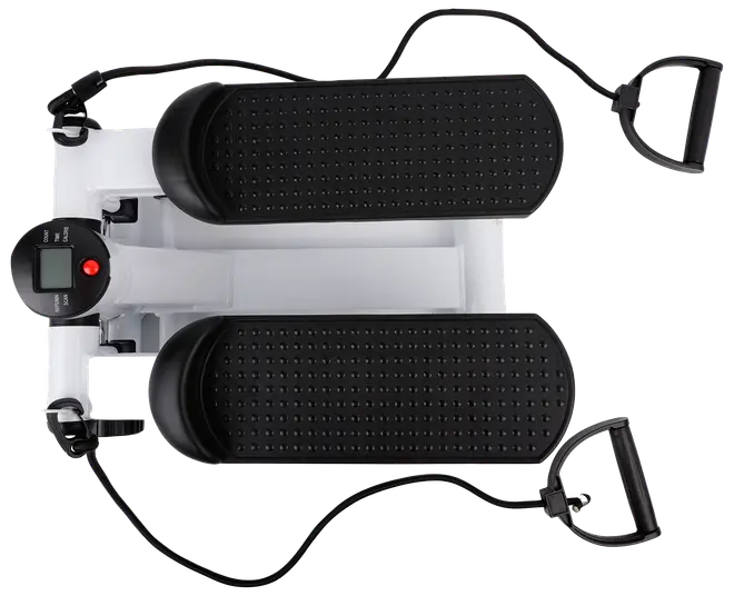 Kompakt steppmaskin med två strukturerade fotplattor, motståndsband med handtag och digital display för träningsdata. Passar för hemmaträning och kondition.