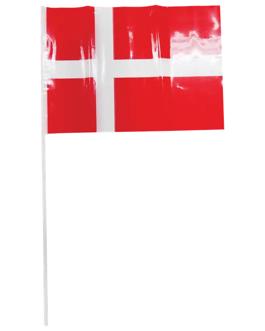 Lille håndholdt Dannebrog med rød baggrund og hvidt kors, monteret på en tynd hvid pind, ideel til festlige lejligheder.