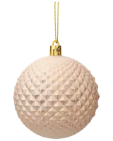 Rund julgranskula med texturerat diamantmönster i champagneguld, blankt guldfärgat upphäng och topp. Elegant design för festlig dekoration.