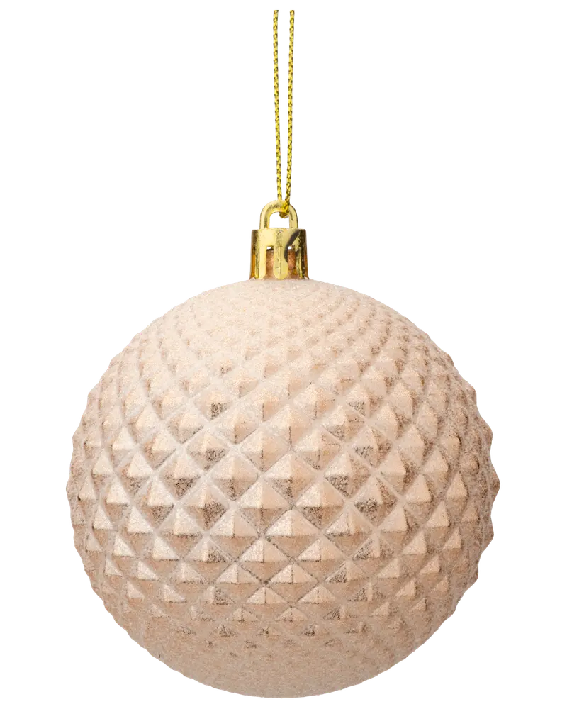 Rund julgranskula med texturerat diamantmönster i champagneguld, blankt guldfärgat upphäng och topp. Elegant design för festlig dekoration.